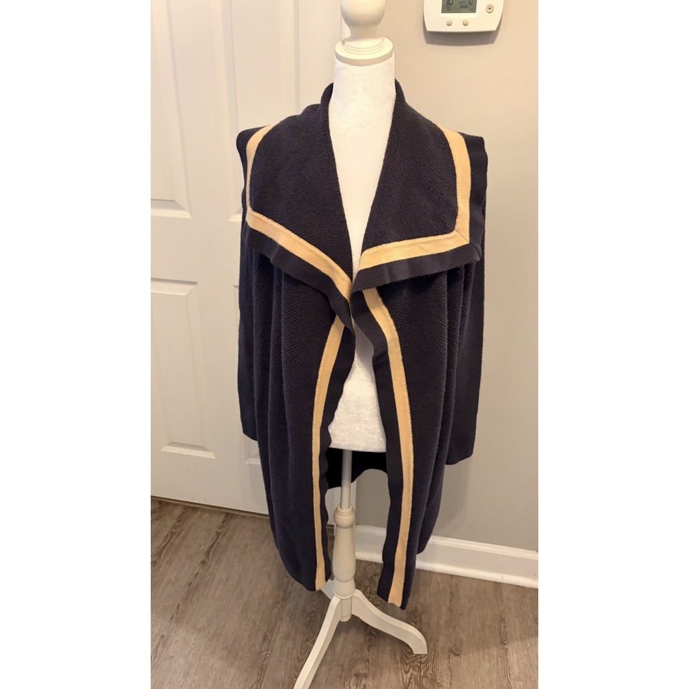 Ann Taylor Navy Cascade Cardigan Tan Trim Open Front Draped Sm Preppy Layer